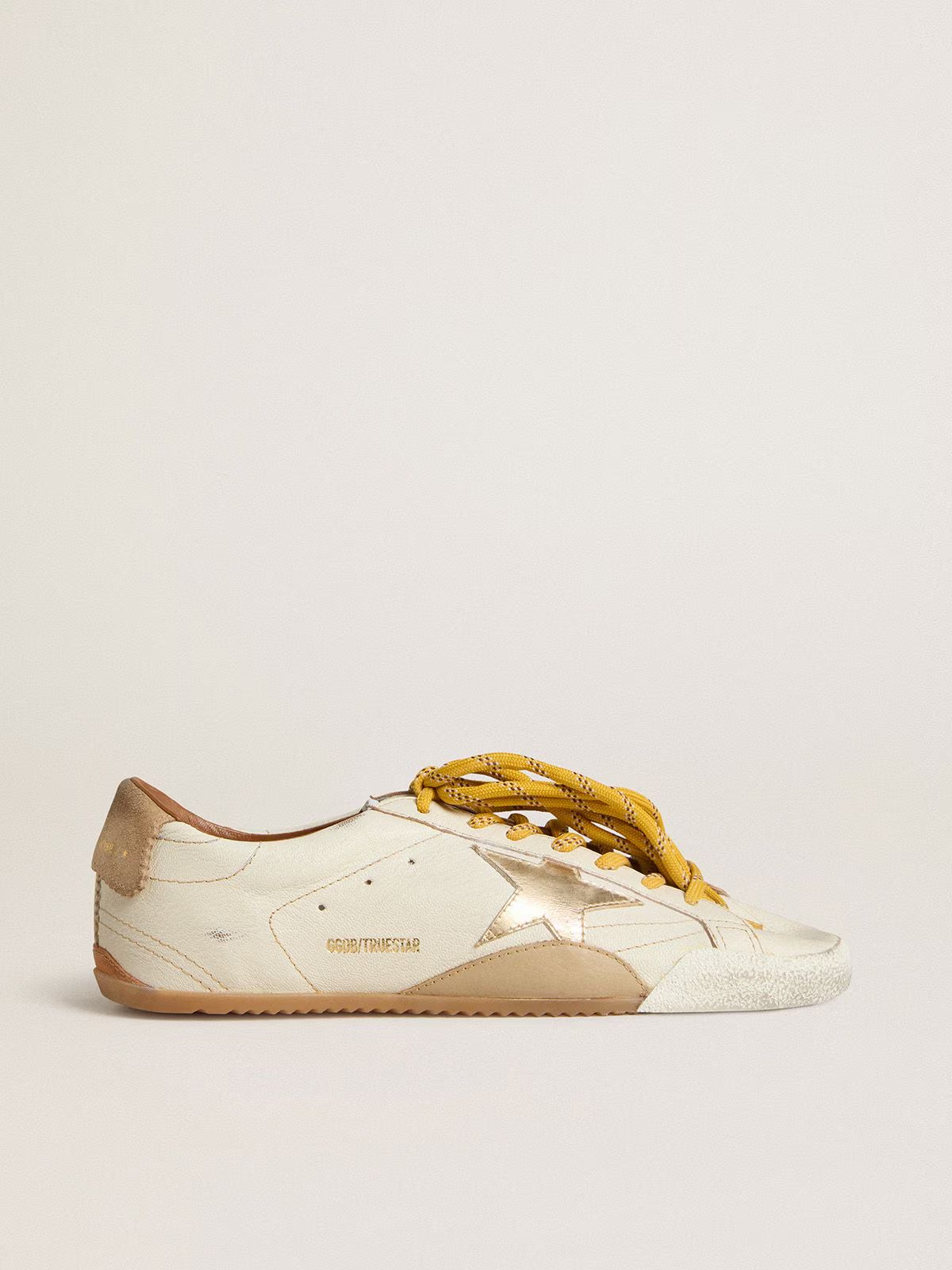 True-Star Donna in nappa bianca con stella oro e talloncino in suede beige