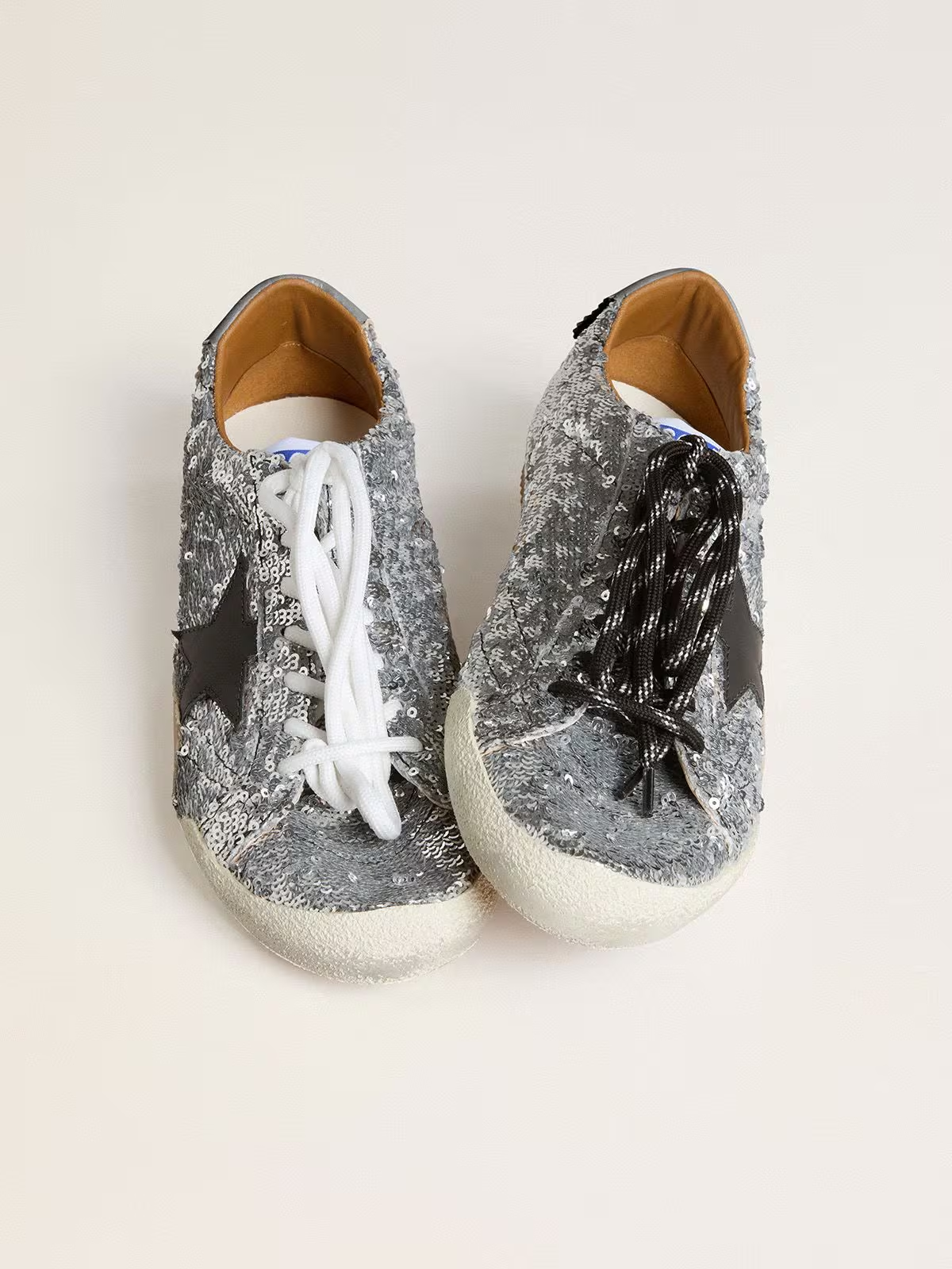 True-Star Uomo in paillettes argento con stella color nero e talloncino in pelle beige