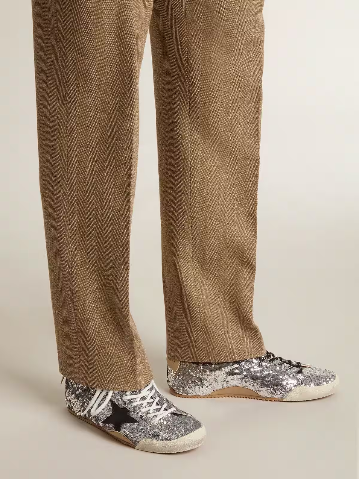 True-Star Uomo in paillettes argento con stella color nero e talloncino in pelle beige