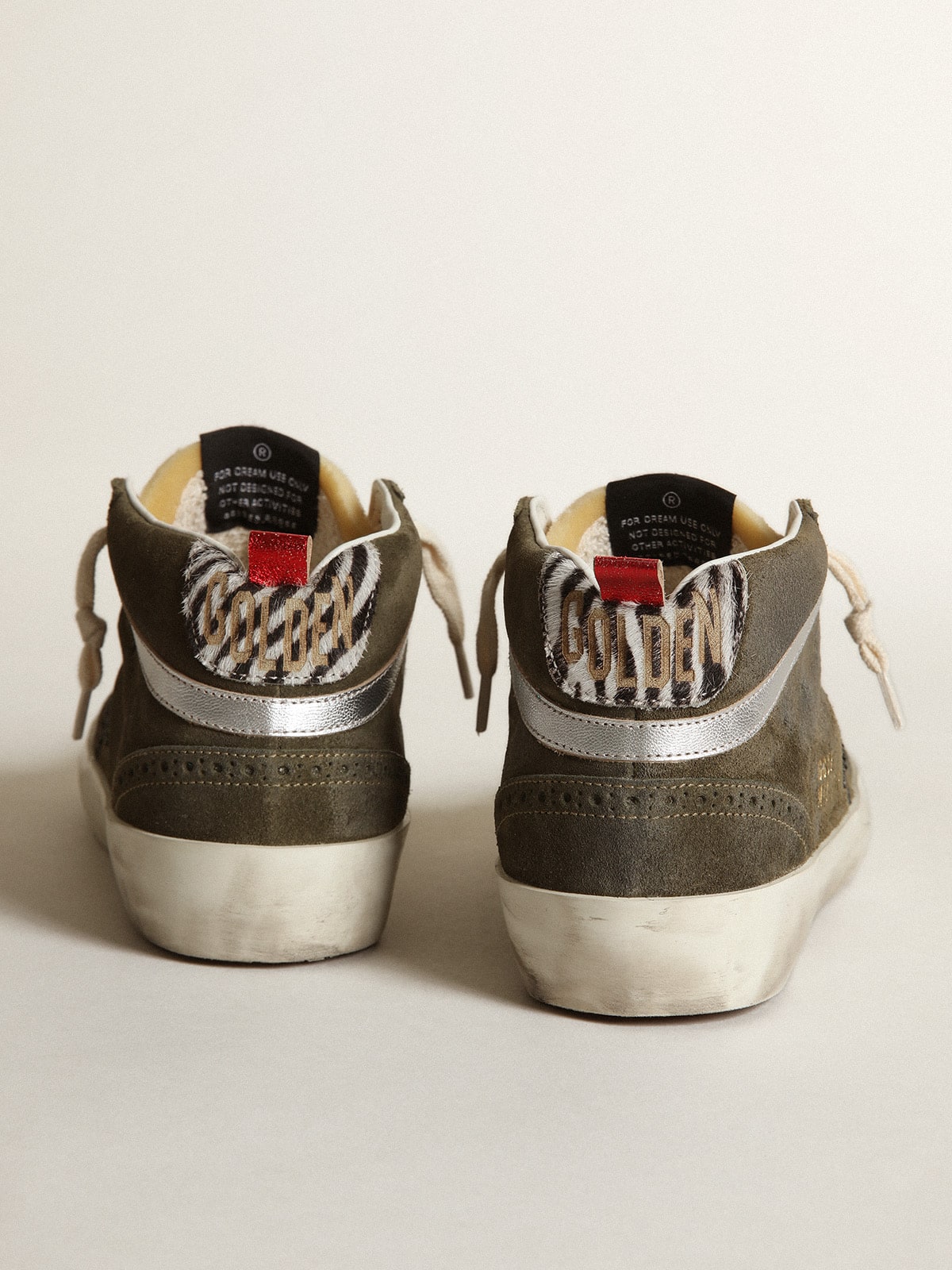 Women’s Mid-Star in olive-green suede with black glitter star and pony skin heel tab