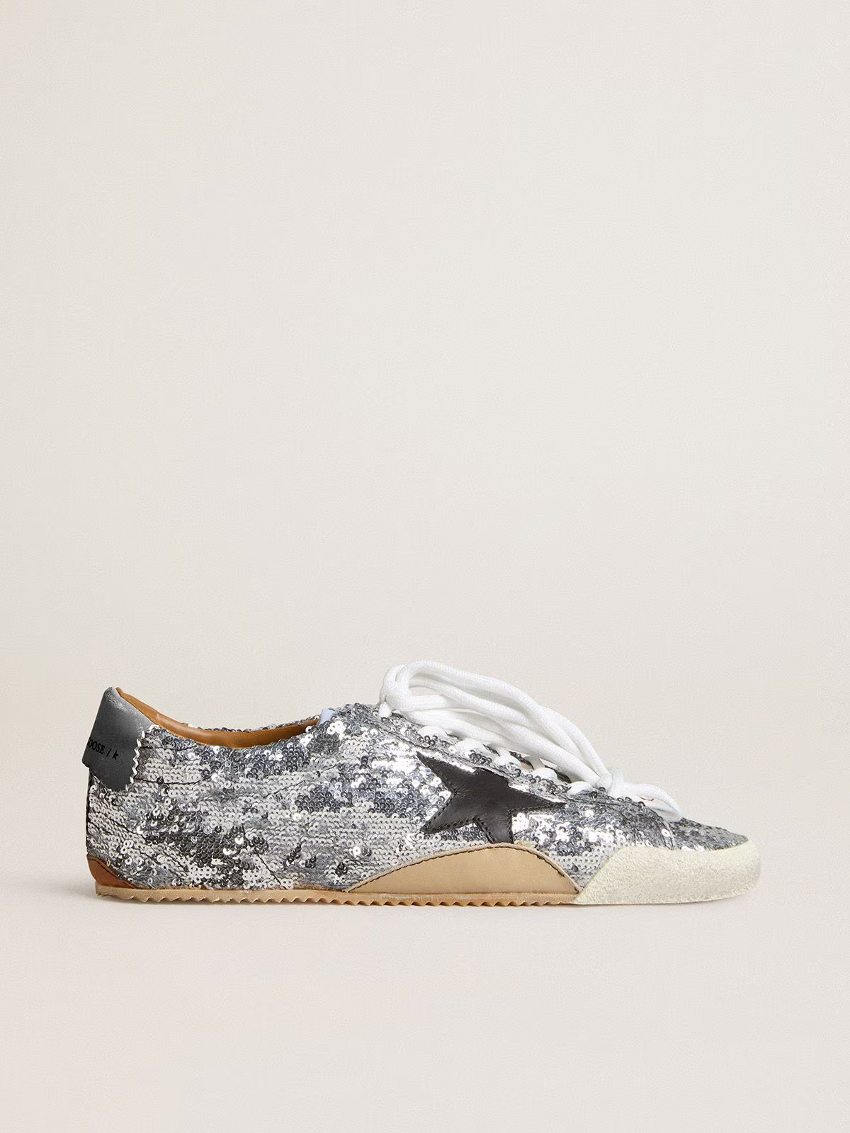 True-Star Uomo in paillettes argento con stella color nero e talloncino in pelle beige