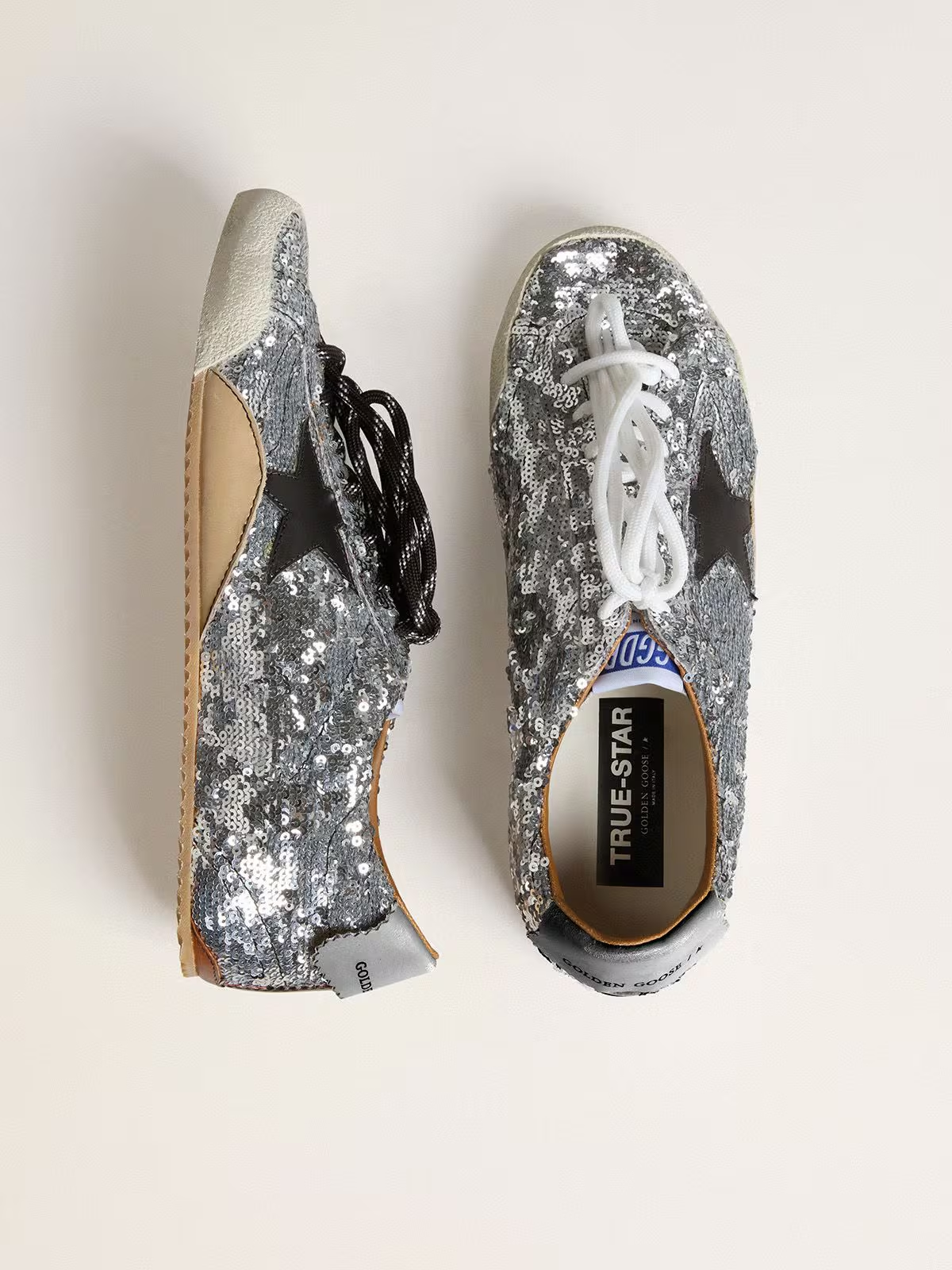 True-Star Uomo in paillettes argento con stella color nero e talloncino in pelle beige