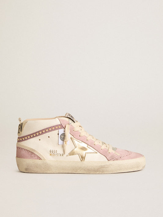 Mid Star con estrella de cuero dorado y destello de gamuza rosa con perlas
