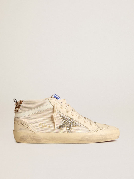 Mid Star para mujer en malla con estrella de brillo platino y destellos de cuero blanco